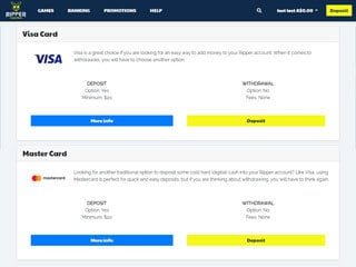 Small capture of the Ripper Casino banking screen showing Visa and Mastercard rows