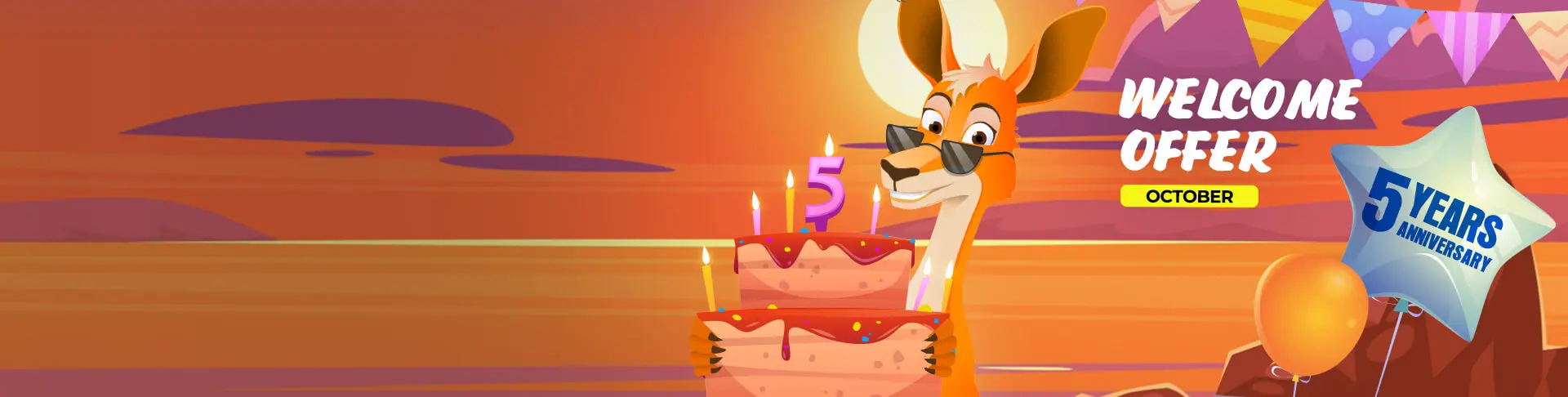 Ripper Casino artwork of a kangaroo mascot in sunglasses beside a birthday cake and a five-year anniversary balloon