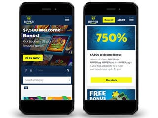 Small capture of Ripper Casino on two phone screens, one lobby and one promotions panel